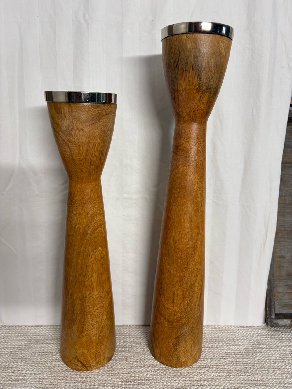 Pier 1 Tall Wooden Candle Holders with Silver Tops - Brown